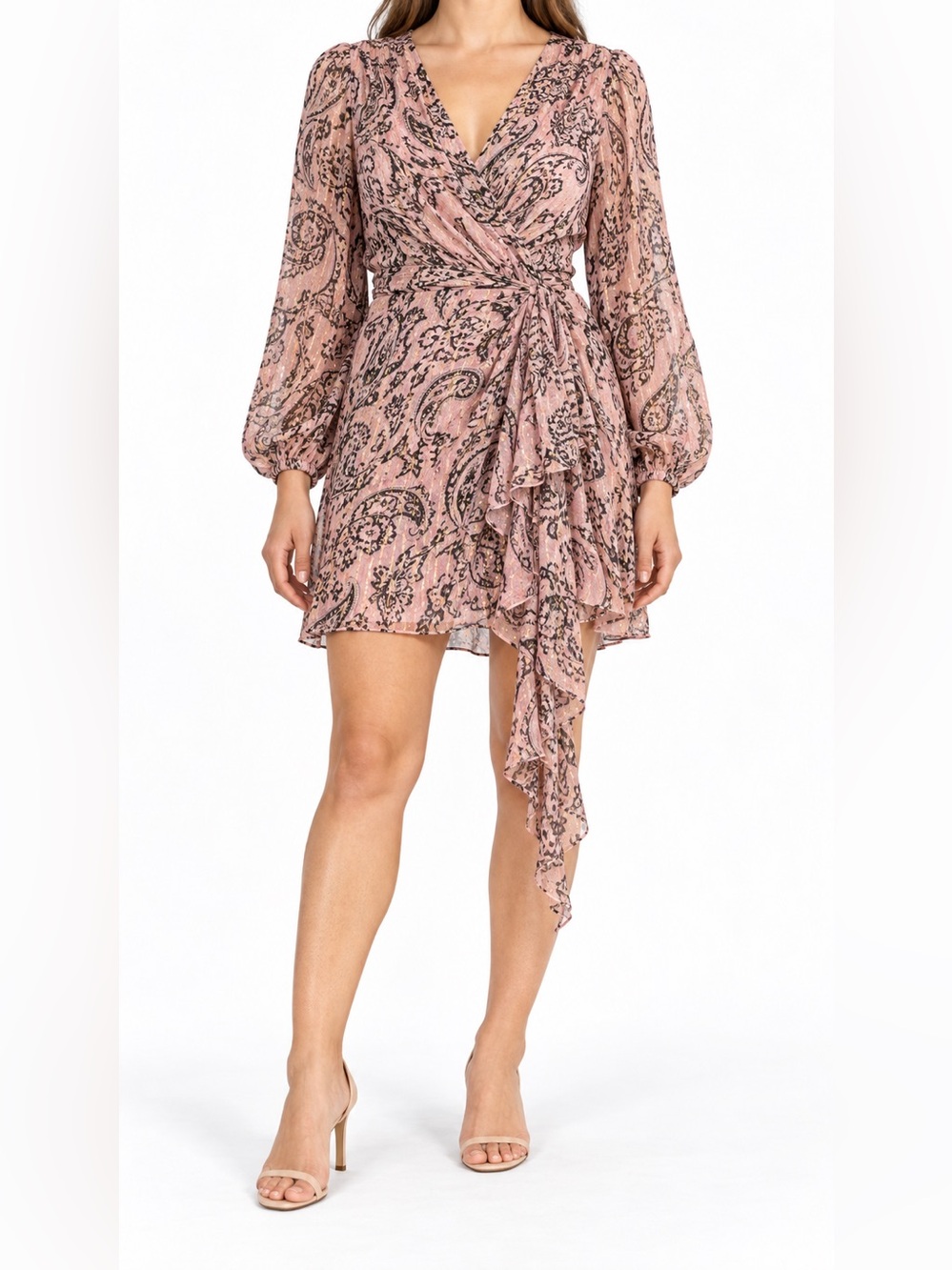 Maje Rapollo Pink Paisley Metallic Boho Long Sleeve Mini Dress 42 NWT